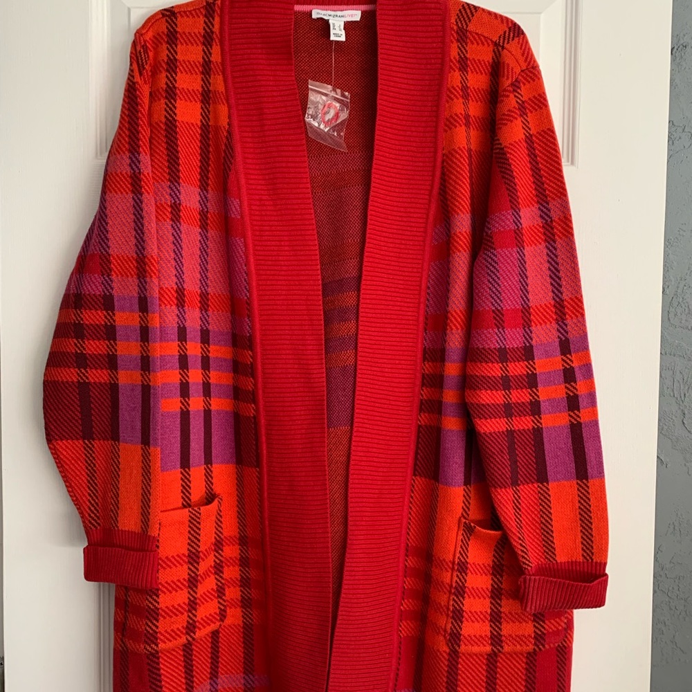 Isaac Mizrahi Choice Pattern Jacquard Cardigan Red Plaid Large New